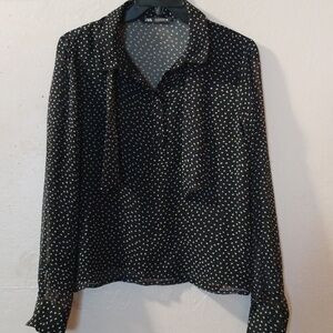 Zara black long sleeve blouse with collar and polka dots tie